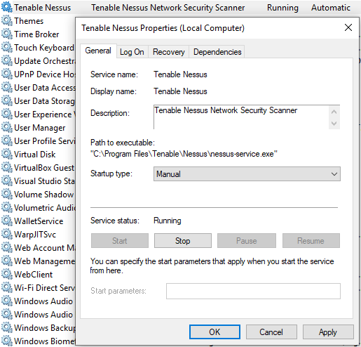  Configuring Nessus to manual start using Windows Services 