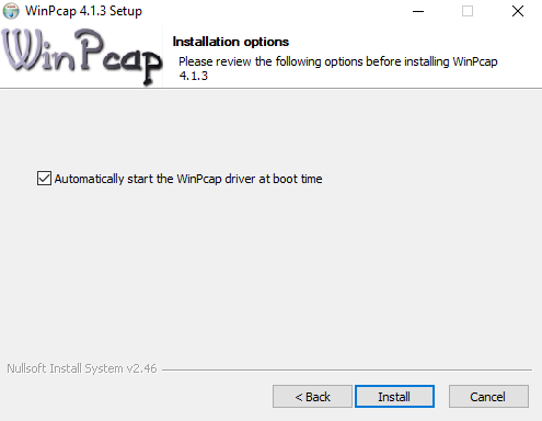  Select the start the WinPcap driver at boot option 