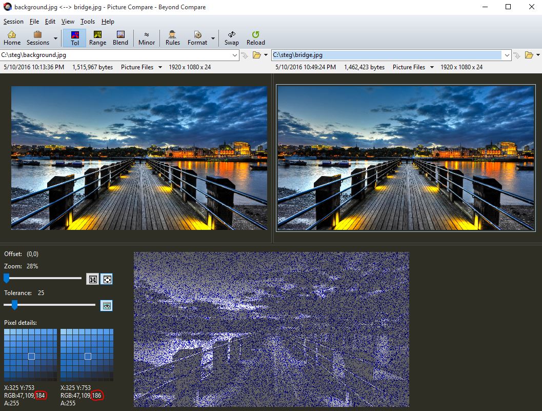  One example of where the pixels differ is shown above - the pixel on the left has RGB:47,109,184, on the right it is RGB:47,109,186 