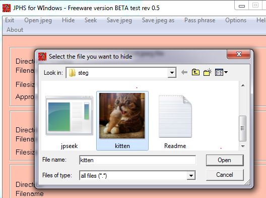  selectarea fișierului ascunde în JPHS Pentru Windows 