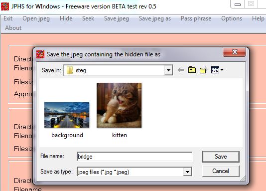  Saving the Steg'd file in JPHS for Windows 